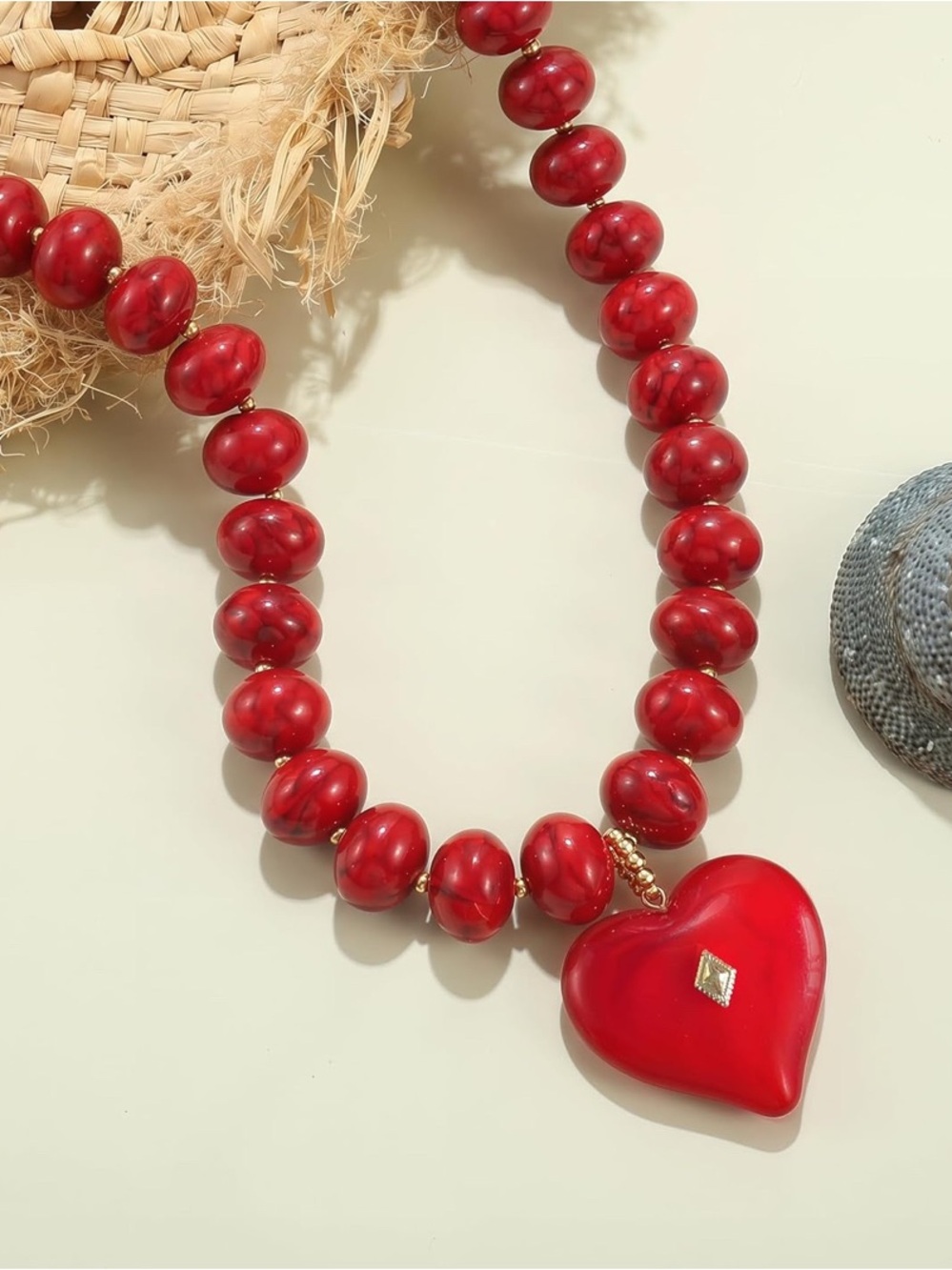 NEW! Dopamine Red Heart Beaded Necklace - Picture 2 of 5